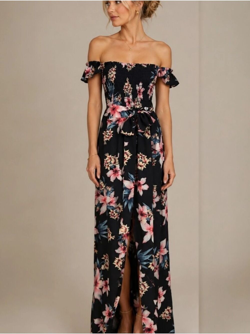 Windsor Black Floral Off-Shoulder Maxi Dress Medium